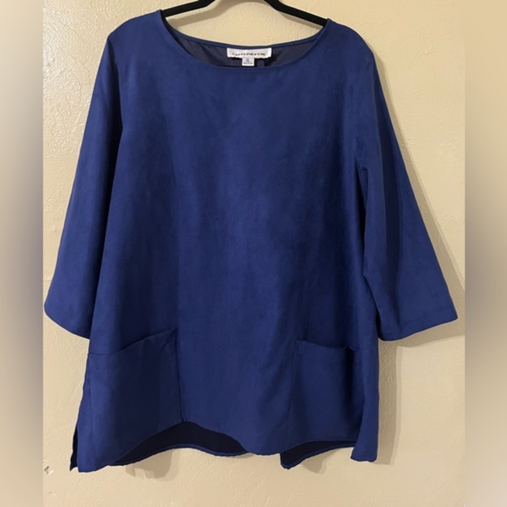 Caroline Rose Faux Suede Blue Blouse Top Size XL Made In USA Front Pockets